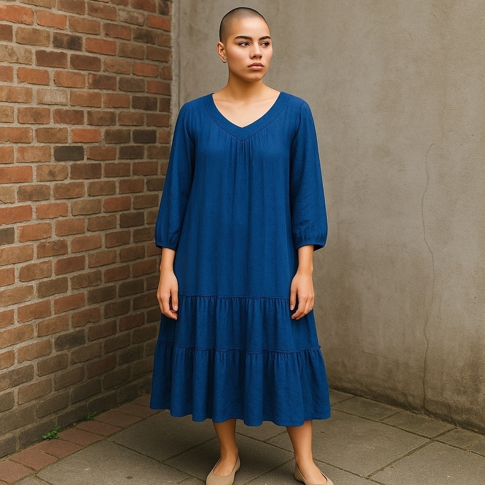 ❄️ Suzanne Betro | Tiered Dress Blue Bishop Sleeve XL